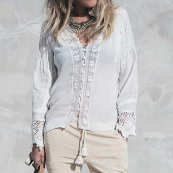 New White Lace Long Sleeve Gypsy Boho Blouse - Picture 3 of 9